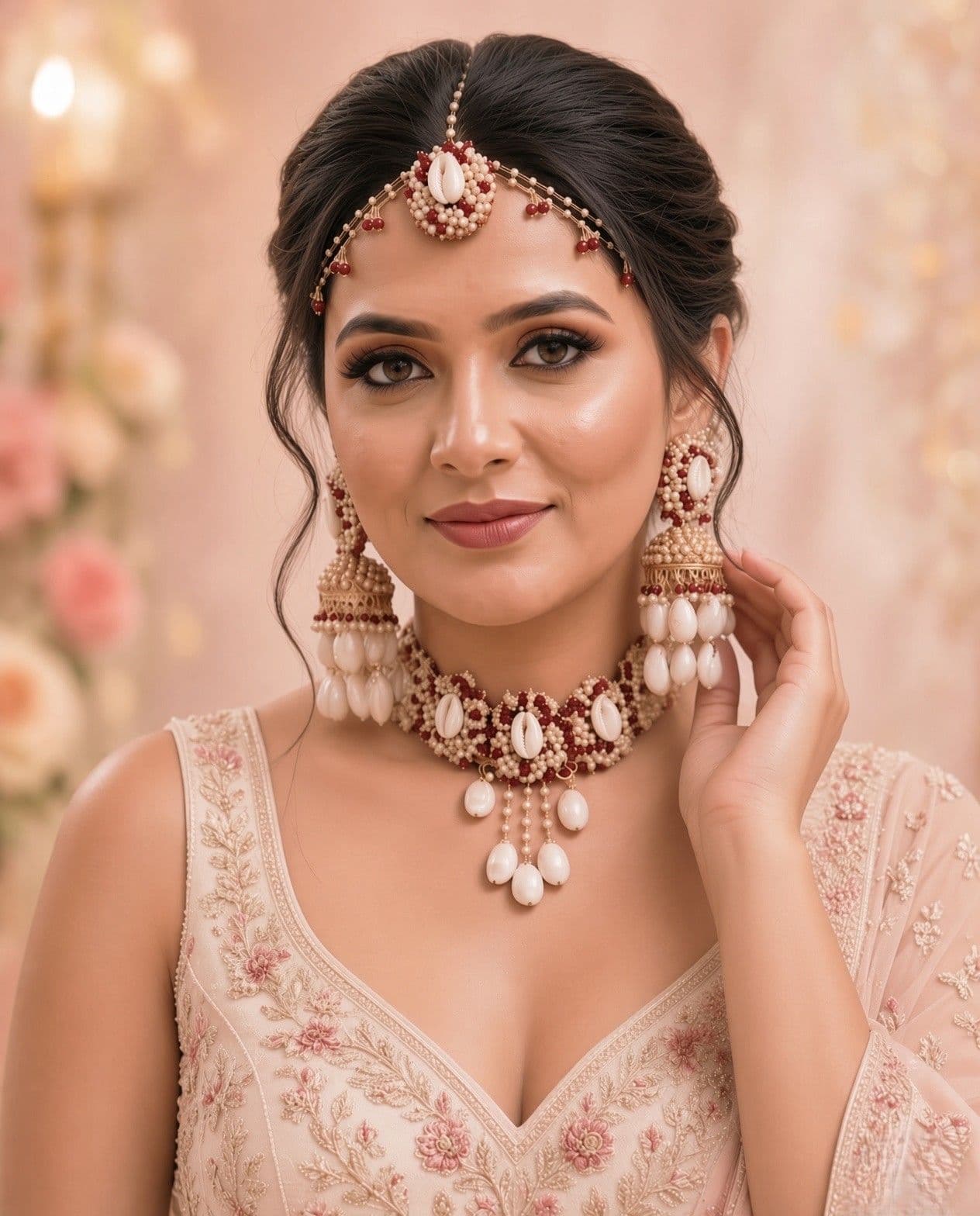 Royal Red and Gold Cowrie Shell Haldi Jewellery Set with Pearl Jhumkas