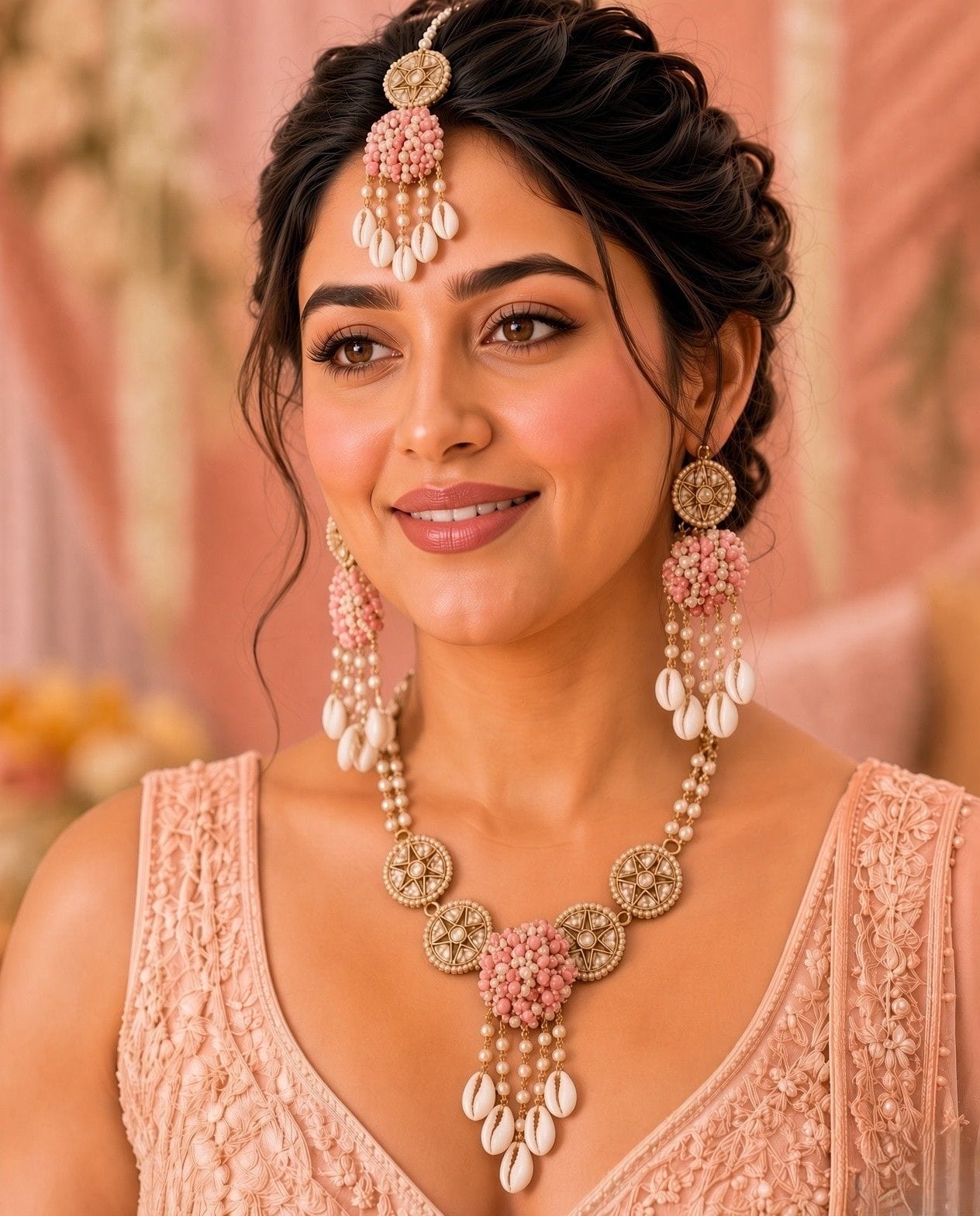 Blush Pink Sea Shell Haldi Jewellery Set with Floral Kundan Accents