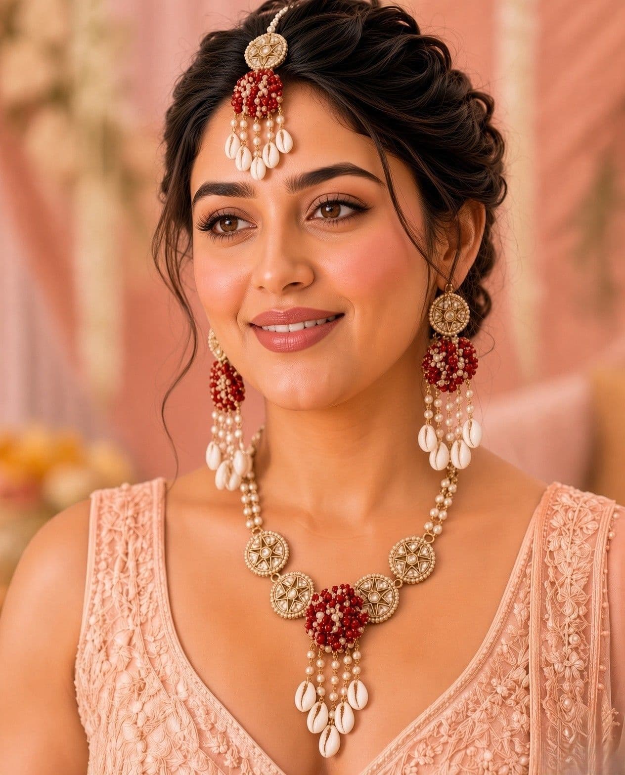 Ruby Red Sea Shell Haldi Jewellery Set with Kundan Pearl Details