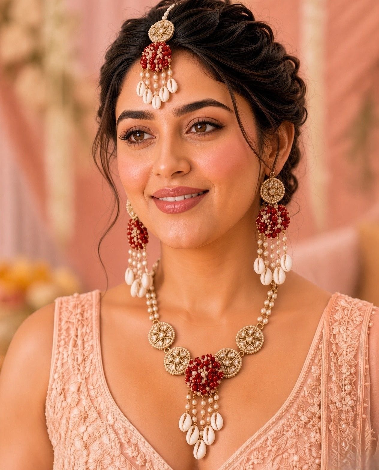 Ruby Red Sea Shell Haldi Jewellery Set with Kundan Pearl Details