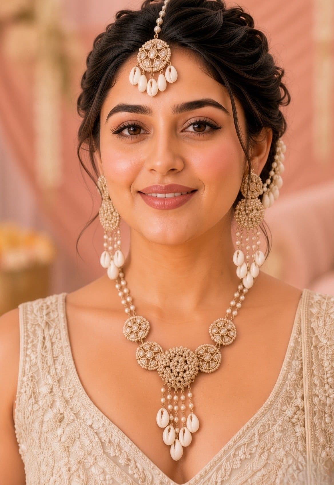Ivory Sea Shell Haldi Jewellery Set with Pearl Cluster Centerpiece