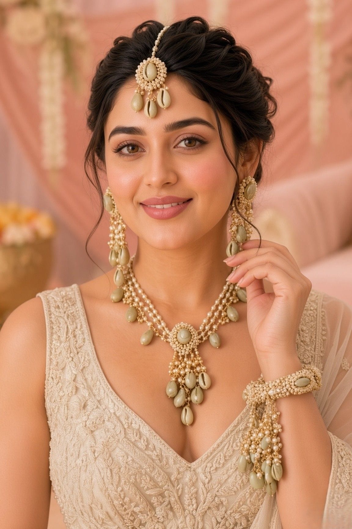 Sage Green Sea Shell Haldi Jewellery Set with Pearl Bead Detailing