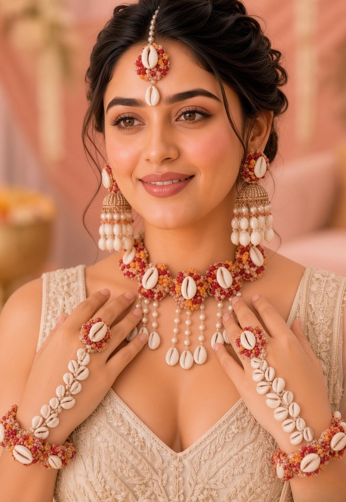 Fuchsia Pink and Yellow Sea Shell Haldi Jewellery Set for Brides