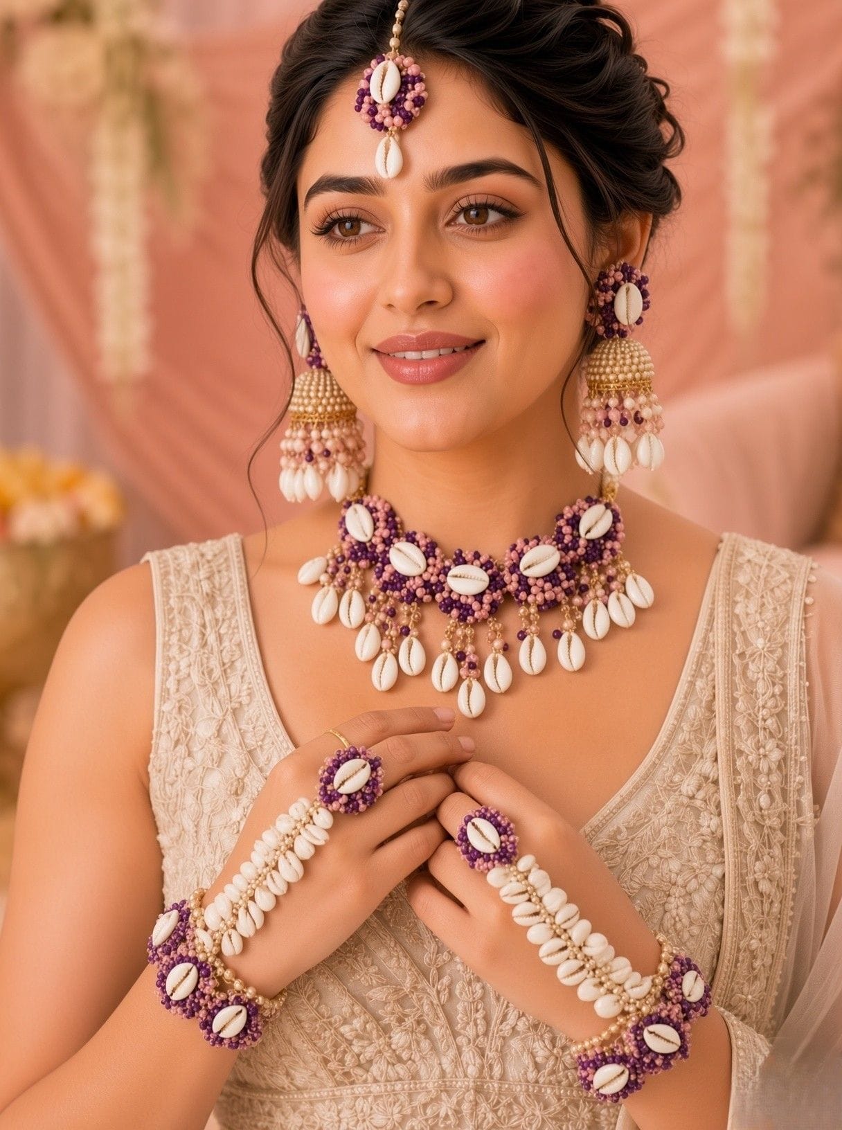 Purple and Pink Cowrie Sea Shell Haldi Jewellery Set