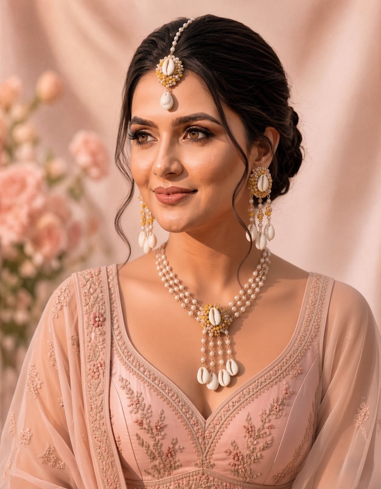 Yellow and White Pearl Beaded Cowrie Shell Haldi Jewellery Set