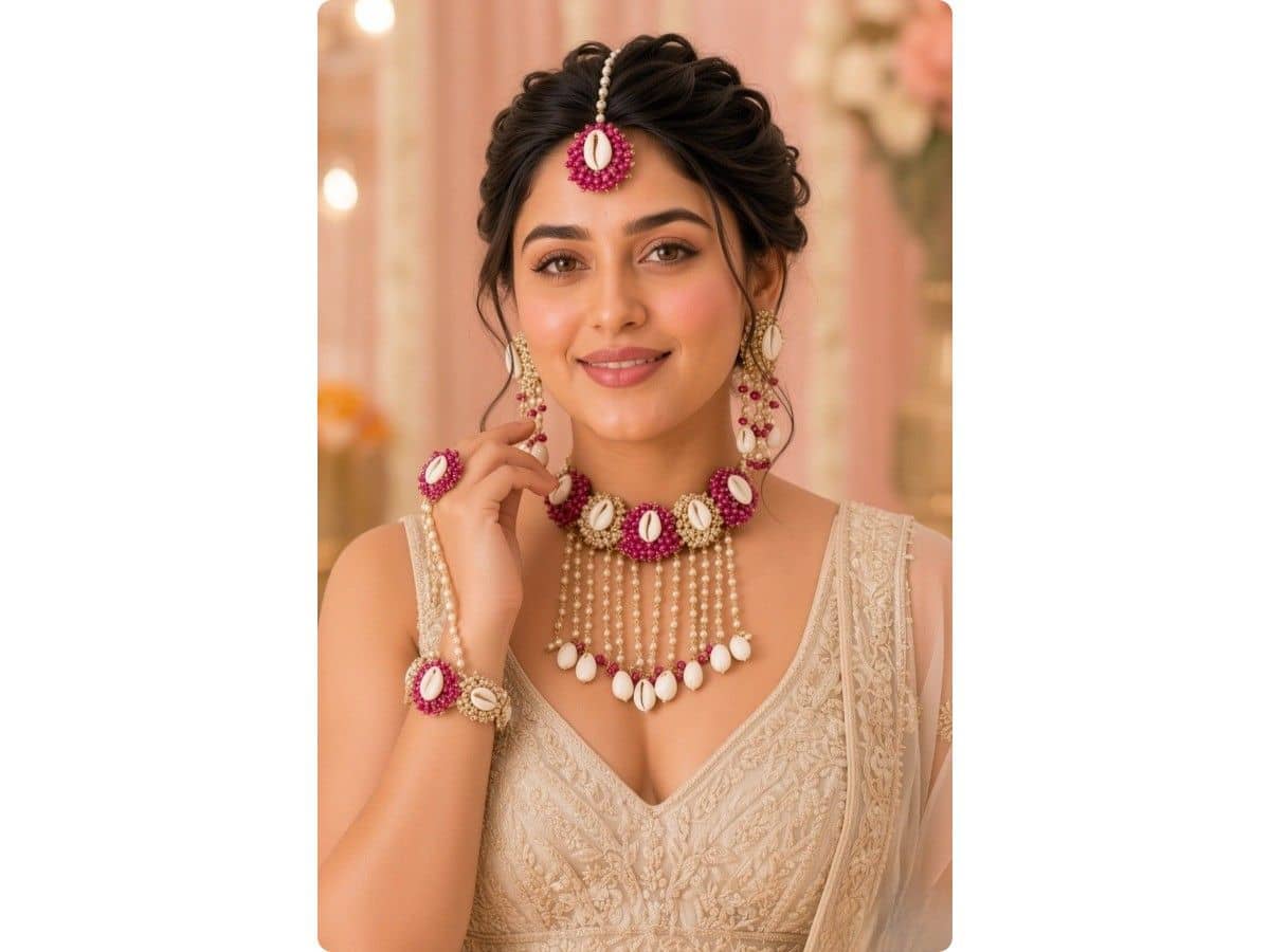 Magenta bead clusters around white cowrie shells on a choker with long pearl tassels, with maang tikka, earrings, ring and hand piece