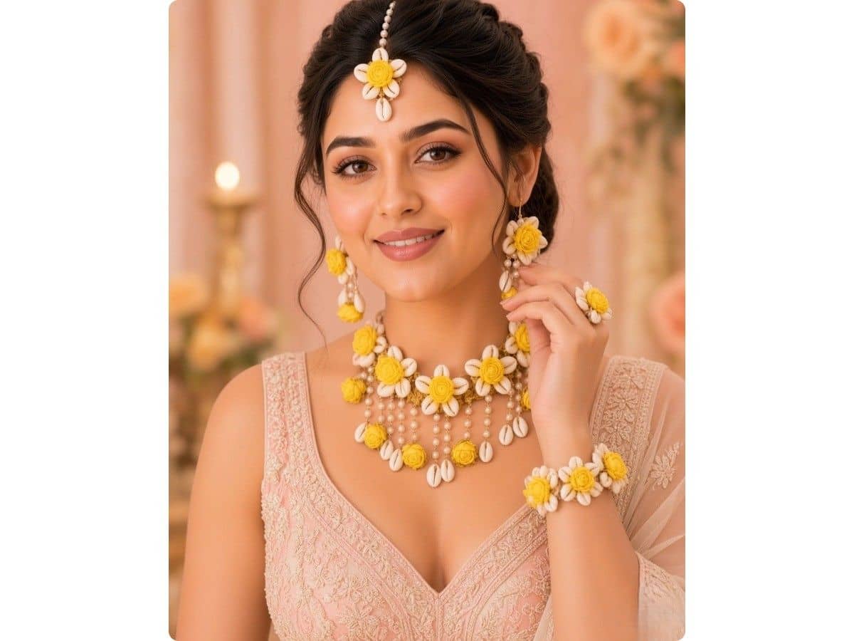 Yellow roses set in white cowrie shell petals with cascading pearl strands on a choker, with matching earrings, maang tikka, ring and bracelet
