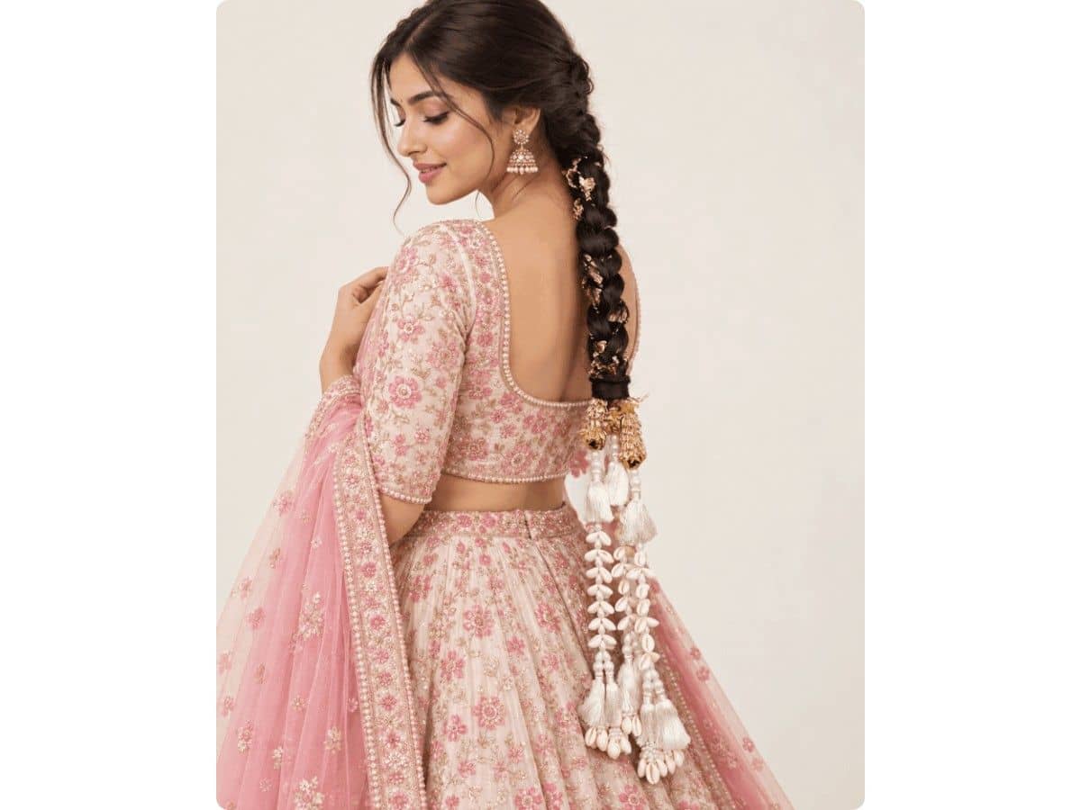 White cowrie shell paranda with golden details and long white tassels hanging from the end of a bride's braid