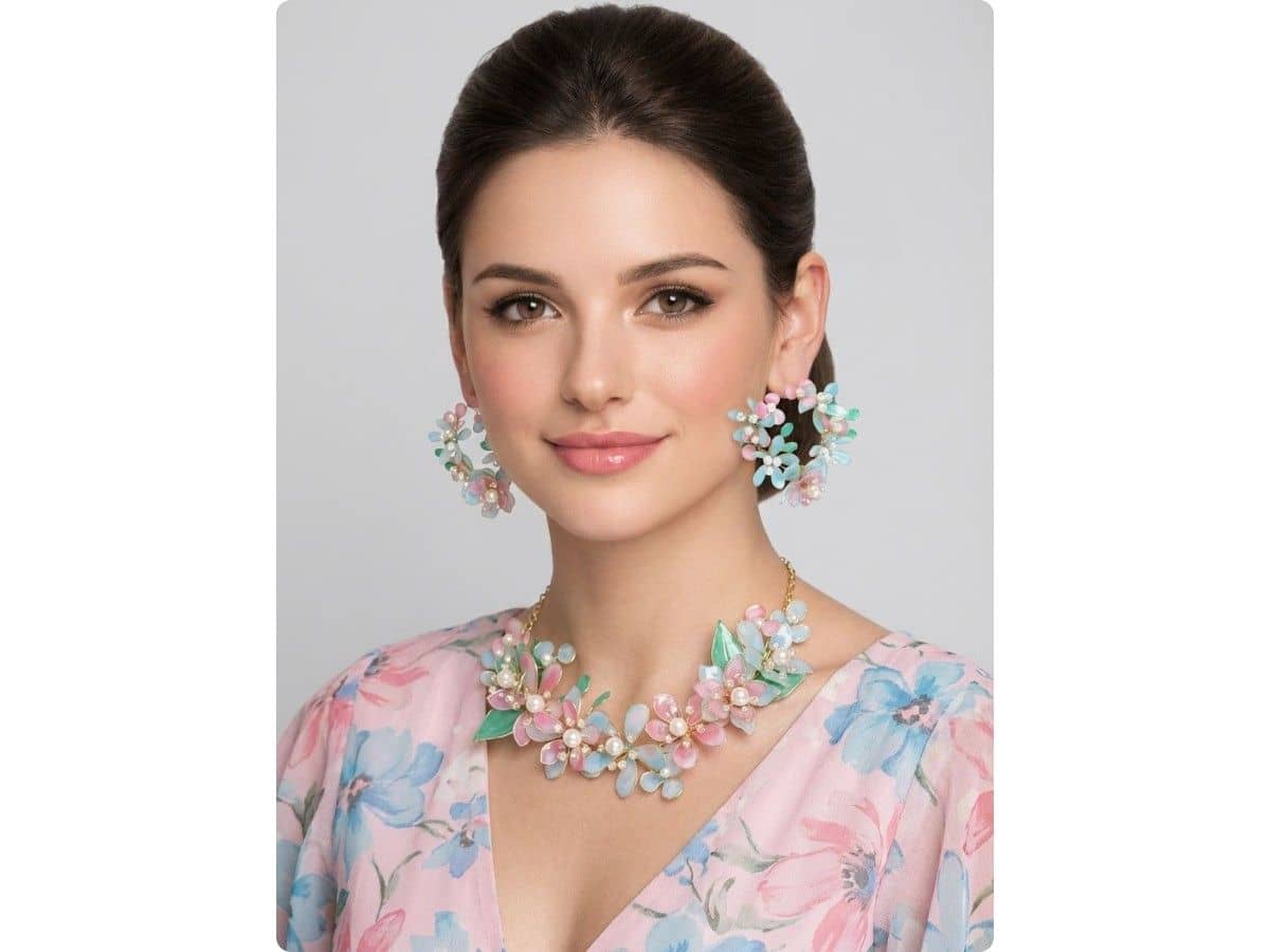 Baby pink, mint green and powder blue resin flowers with pearls and green leaves on a floral necklace, with matching flower hoop earrings