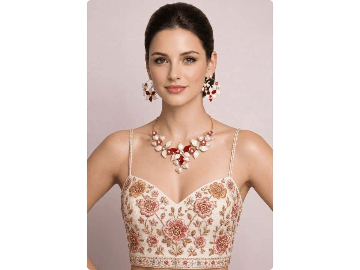 Ruby red and ivory resin flowers with crystal centres and pearl drops on a necklace, with matching floral earrings